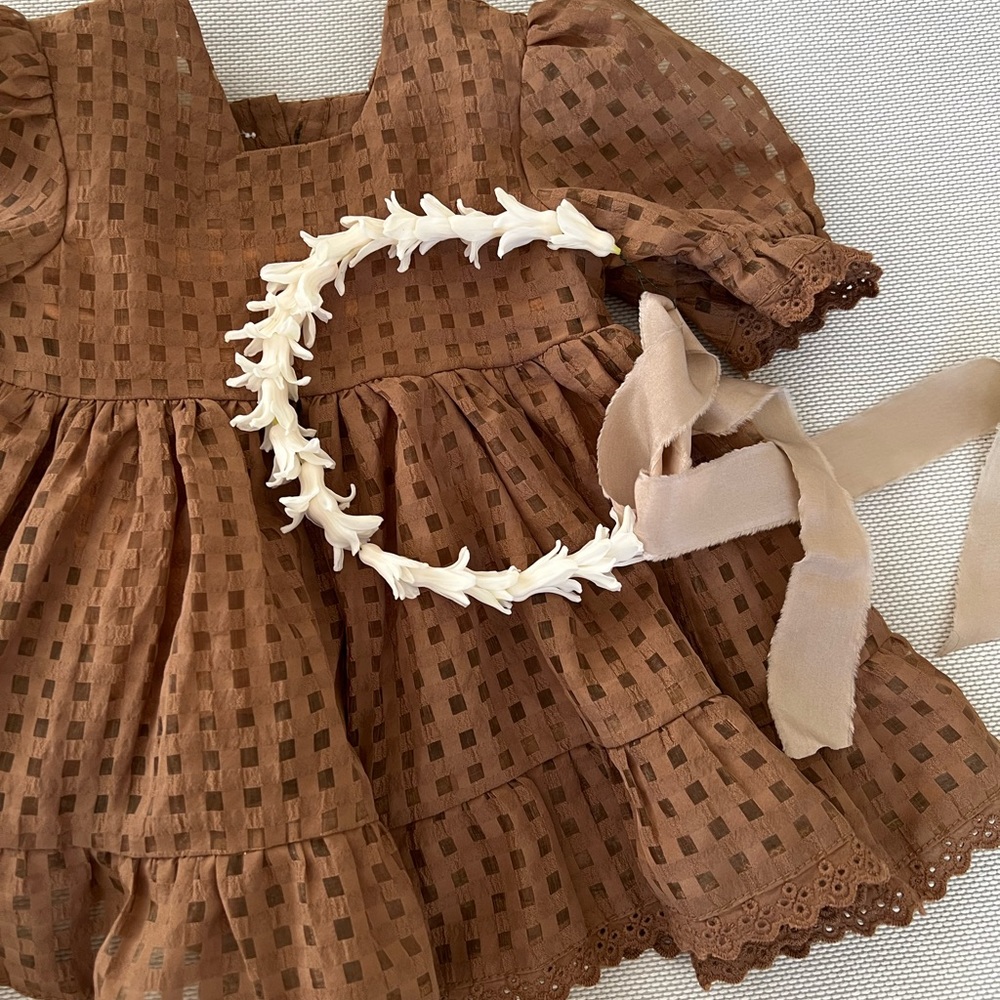 Brown Girls' Formal Ruffle Dress with Puff Sleeves